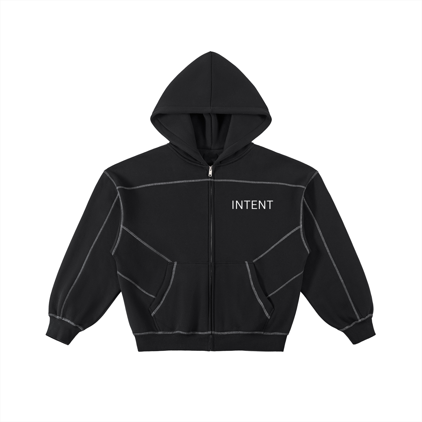 INTENT OVER NOISE Zip Up Hoodie — Contrast-Stitched Boxy Fleece Zip Hoodie