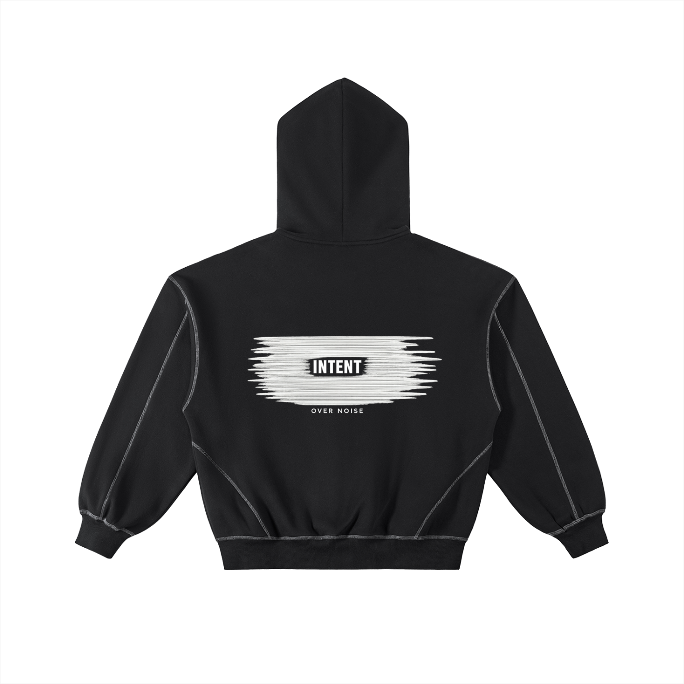 INTENT OVER NOISE Zip Up Hoodie — Contrast-Stitched Boxy Fleece Zip Hoodie